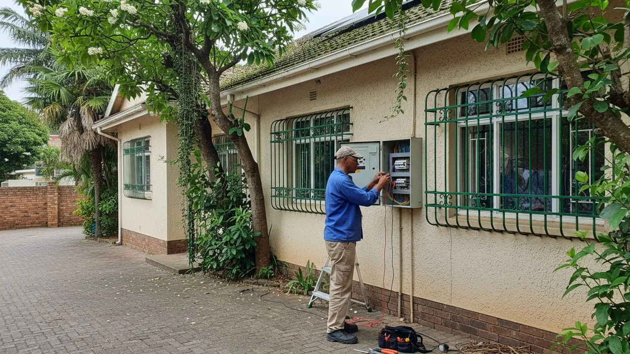 Electrician working on a communal riser DB in a 1970s Musgrave apartment block, Durban
