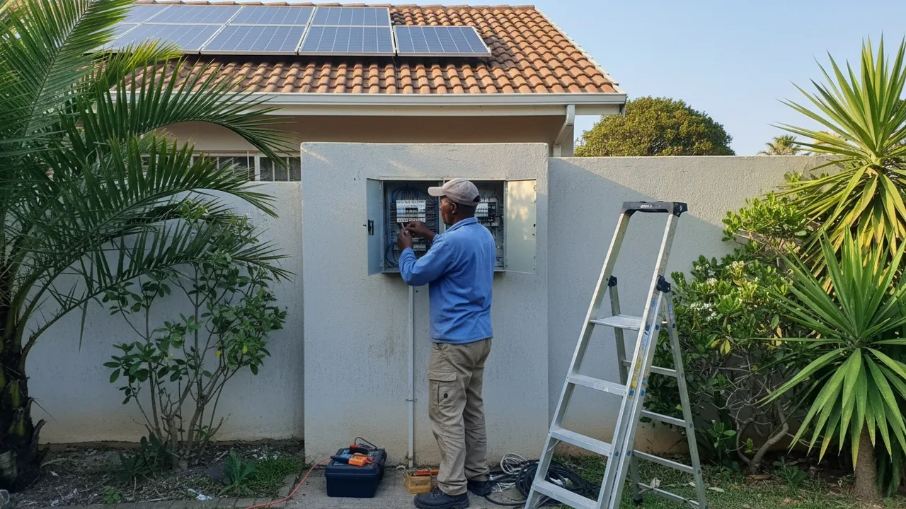 Electrician replacing a salt-corroded DB board on an older Bluff home near Brighton Beach, Durban